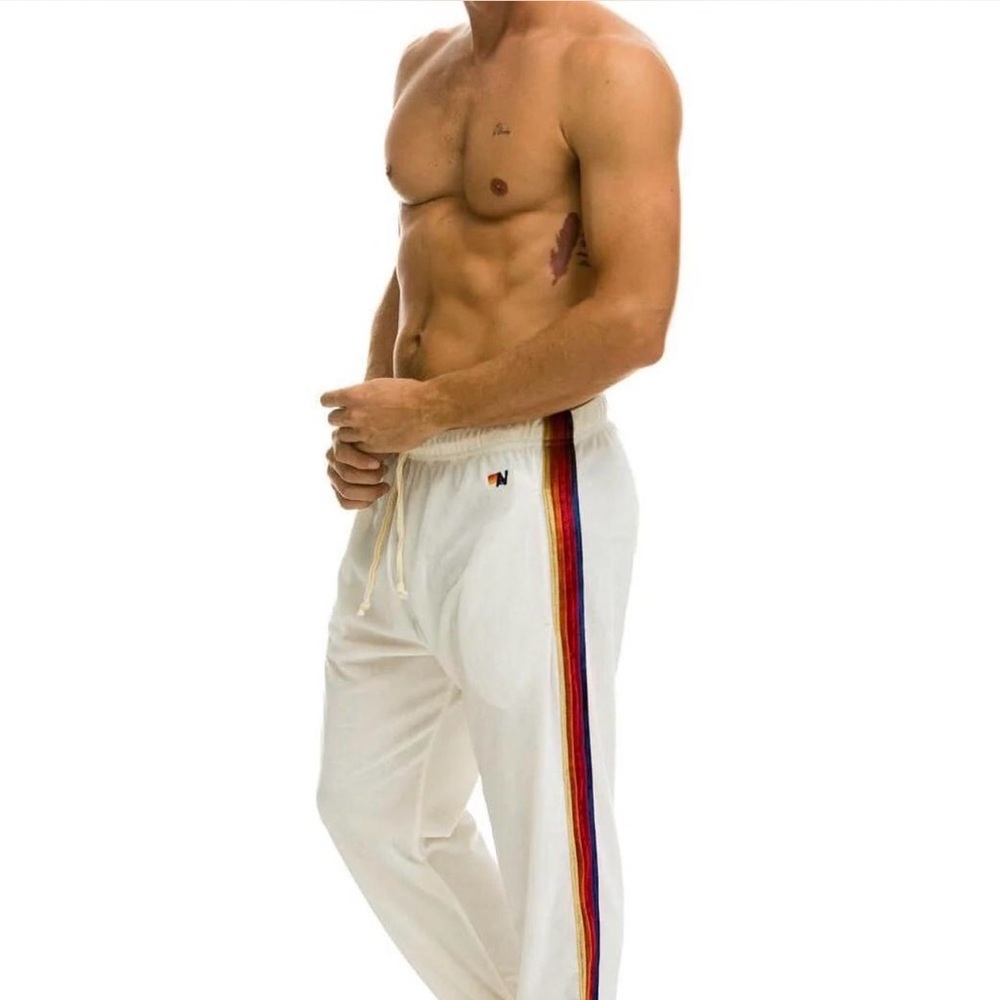 Aviator Nation White Joggers with Rainbow Stripe